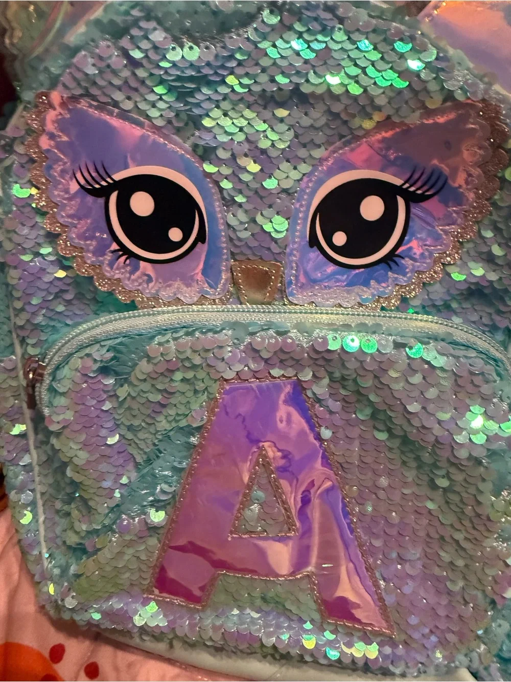 Justice Sequin Aqua Owl Mermaid Backpack with Holographic 'A'
